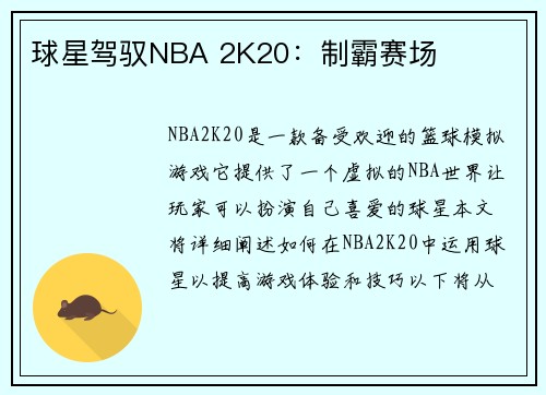 球星驾驭NBA 2K20：制霸赛场